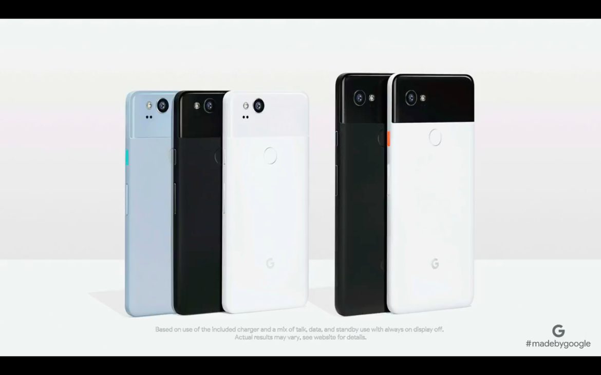 Pixel 2 and Pixel 2 XL phones, in various colors.