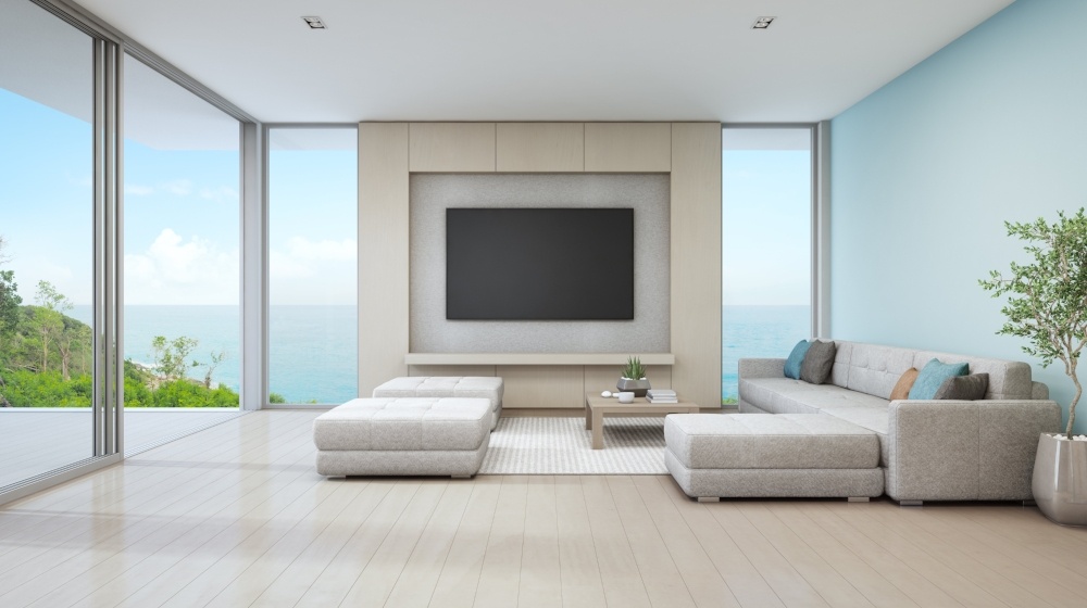 mounted tv with water in background